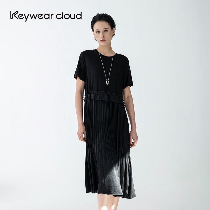 Keywearcloud奇威圆领束绳收腰中长款百褶群黑色气质短袖连衣裙