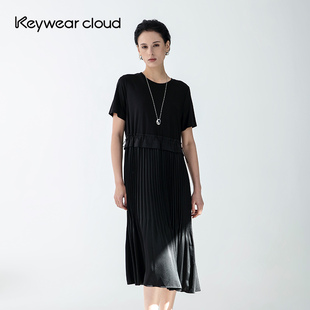 Keywearcloud奇威圆领束绳收腰中长款百褶群黑色气质短袖连衣裙