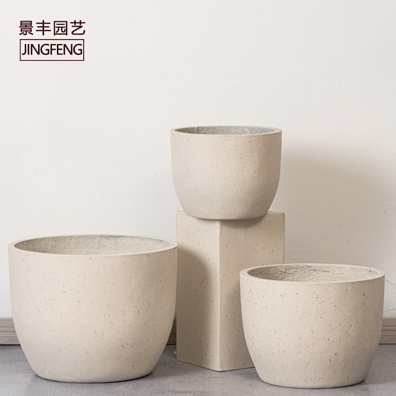 矮胖圆形水泥花盆阳台盆景透气落地客厅白色黑色大码大理石盆