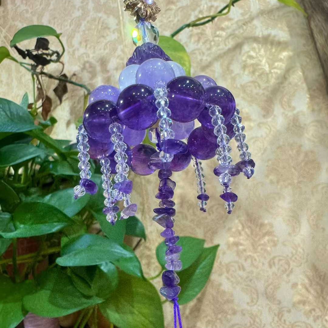 精品天然紫水晶水母车挂搭配天然紫水晶莲花白兔毛水晶挂件挂饰