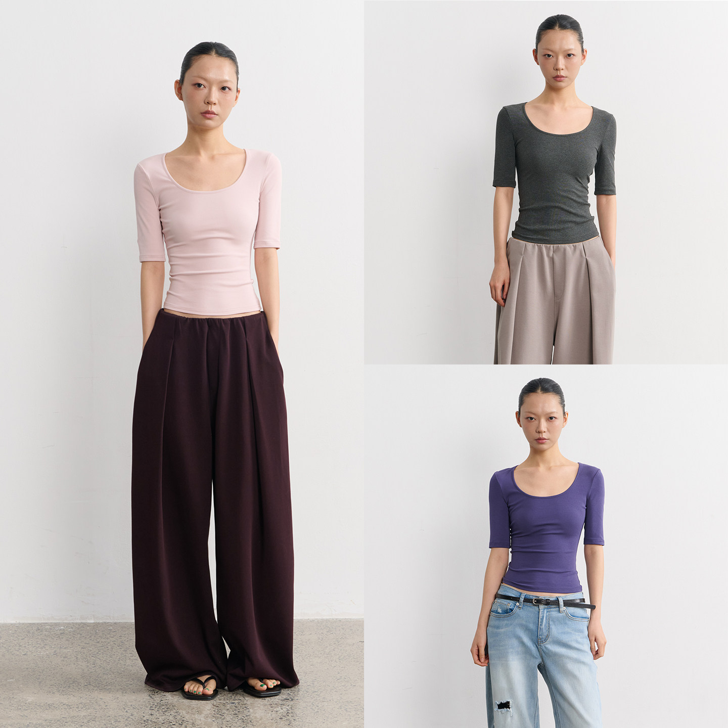 LINY LIBERTY 26SS 基础款经典合体剪裁U领五分袖T恤显瘦修身上衣
