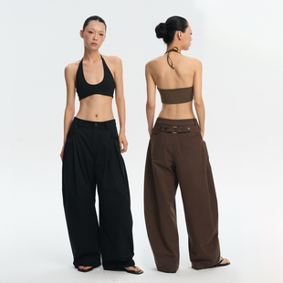 LINYLIBERTY 100%棉设计感立体镰刀宽松阔腿裤女休闲直筒垂感长裤