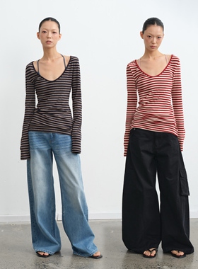 LINY LIBERTY 25AW 复古设计感条纹修身V领长袖T恤女打底上衣