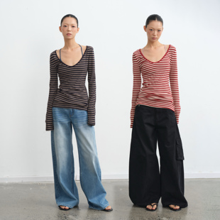 V领长袖 LINY 复古设计感条纹修身 25AW T恤女打底上衣 LIBERTY