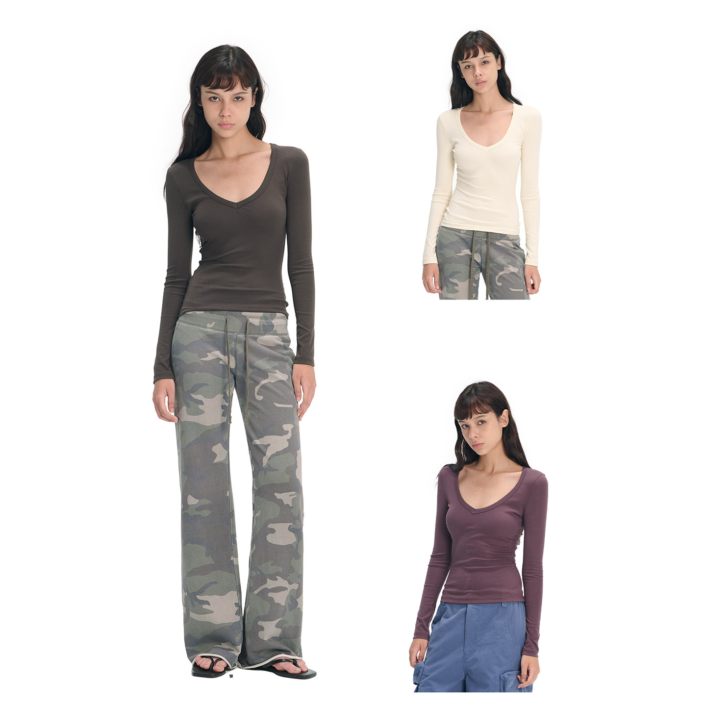 LINY LIBERTY 26AW 纯色大V领修身短款长袖T恤女显瘦百搭打底上衣