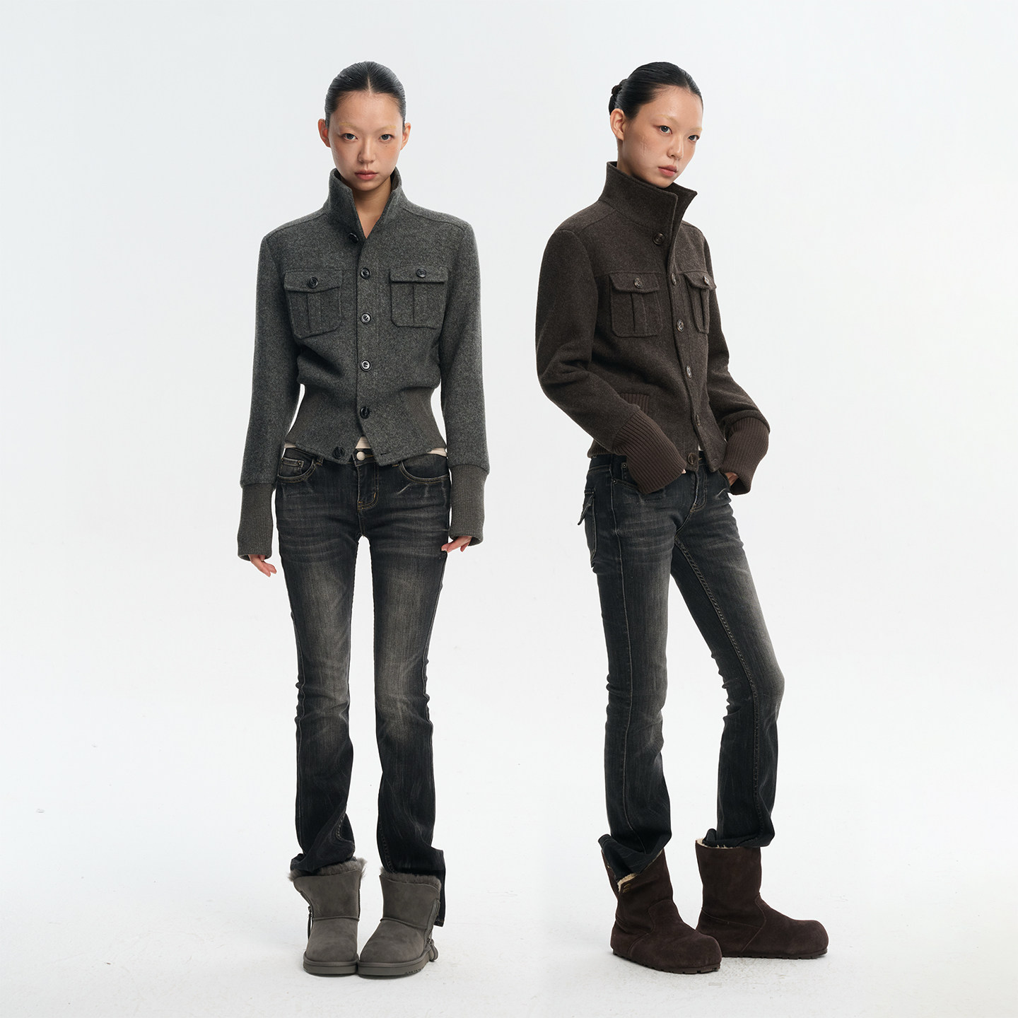 复古设计感短款毛呢加棉夹克外套