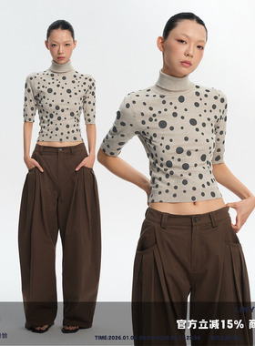 LINY LIBERTY 26SS 复古不规则波点印花高领五分袖针织上衣女T恤