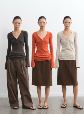 LINY LIBERTY25AW 复古风经典V领亨利衫女纯色修身长袖打底衫上衣