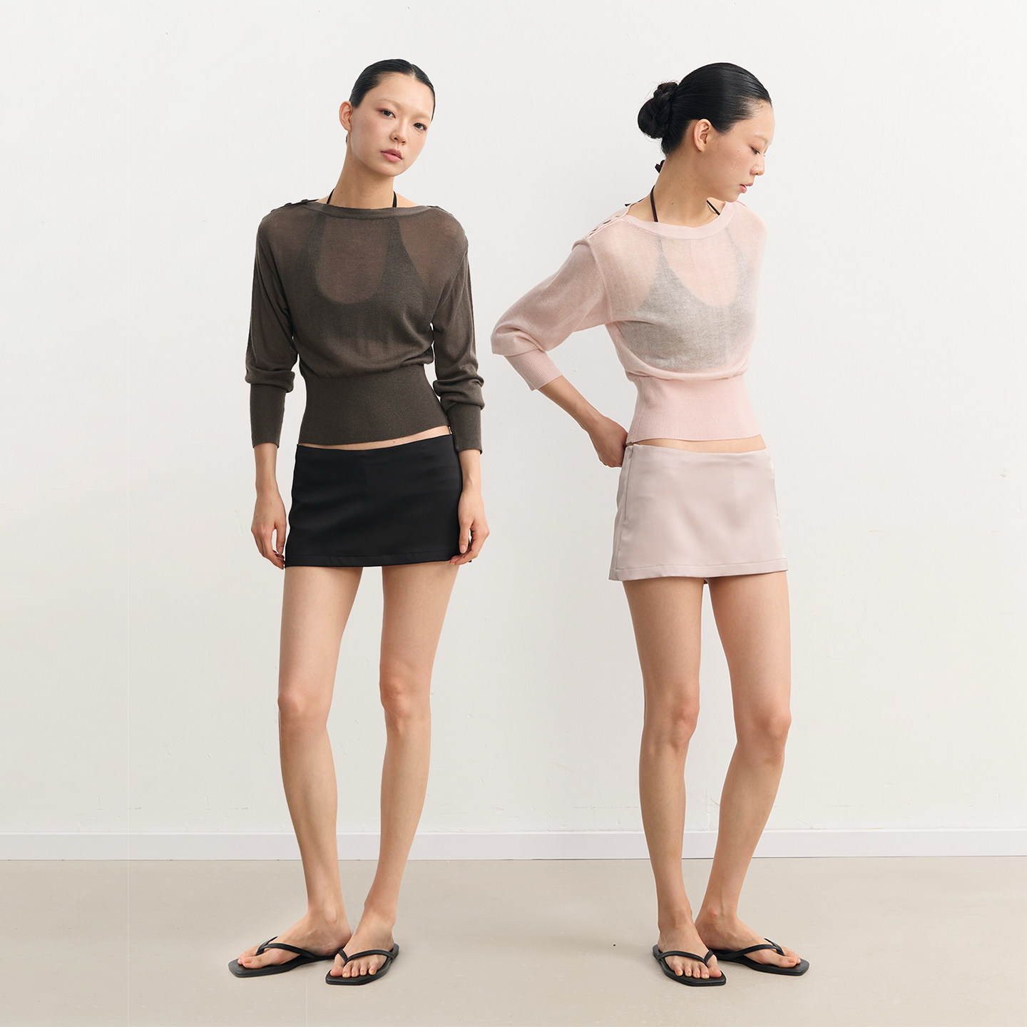 LINY LIBERTY26SS 设计感一字领针织T恤女七分袖露肩罩衫收腰上衣