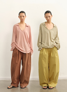 LINY LIBERTY 25AW 设计感POLO领宽松落肩长袖T恤女V领透气上衣