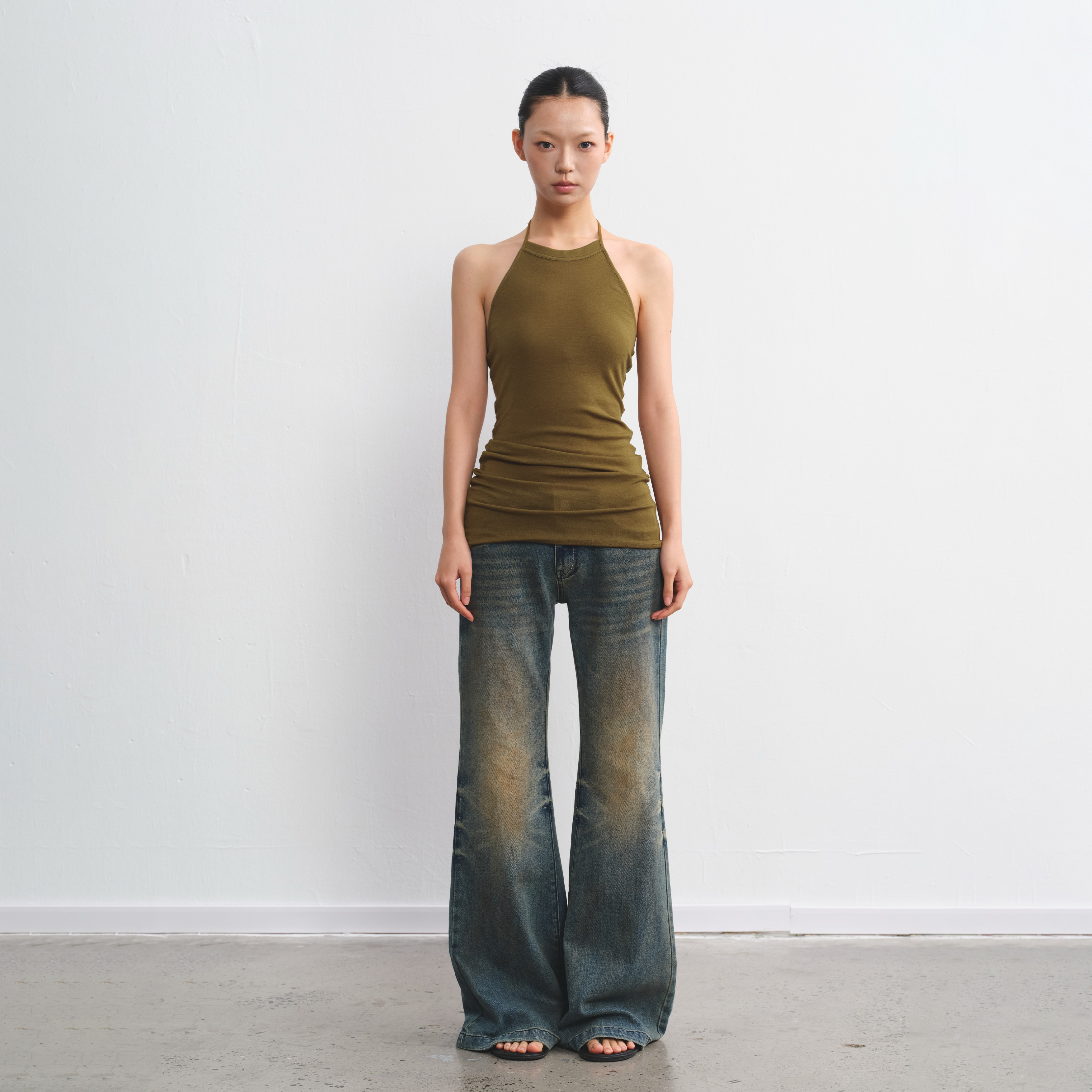 复古条纹挂脖背心T恤女