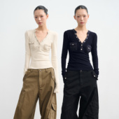 LIBERTY 针织打底衫 25AW LINY 设计感修身 V领短款 T恤女工装 上衣