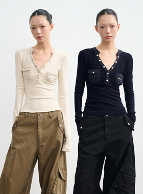 LINY LIBERTY 25AW 设计感修身V领短款针织打底衫T恤女工装上衣