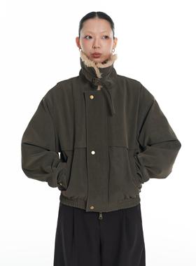 LINY LIBERTY 25SS 初春设计感复古绒感PU加绒夹克立领外套上衣