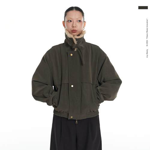 LINY LIBERTY 25SS 初春设计感复古绒感PU加绒夹克立领外套上衣