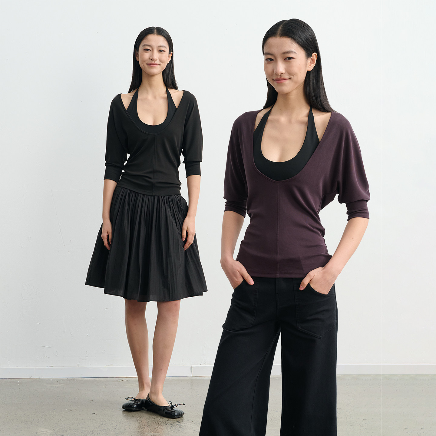 LINY LIBERTY 26SS 设计感宽松深V领蝙蝠袖针织上衣女长袖T恤