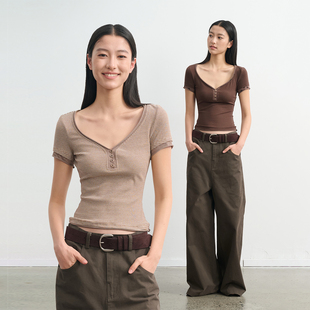 复古风撞色拼接假两件亨利领上衣女短袖 26SS T恤 LIBERTY LINY