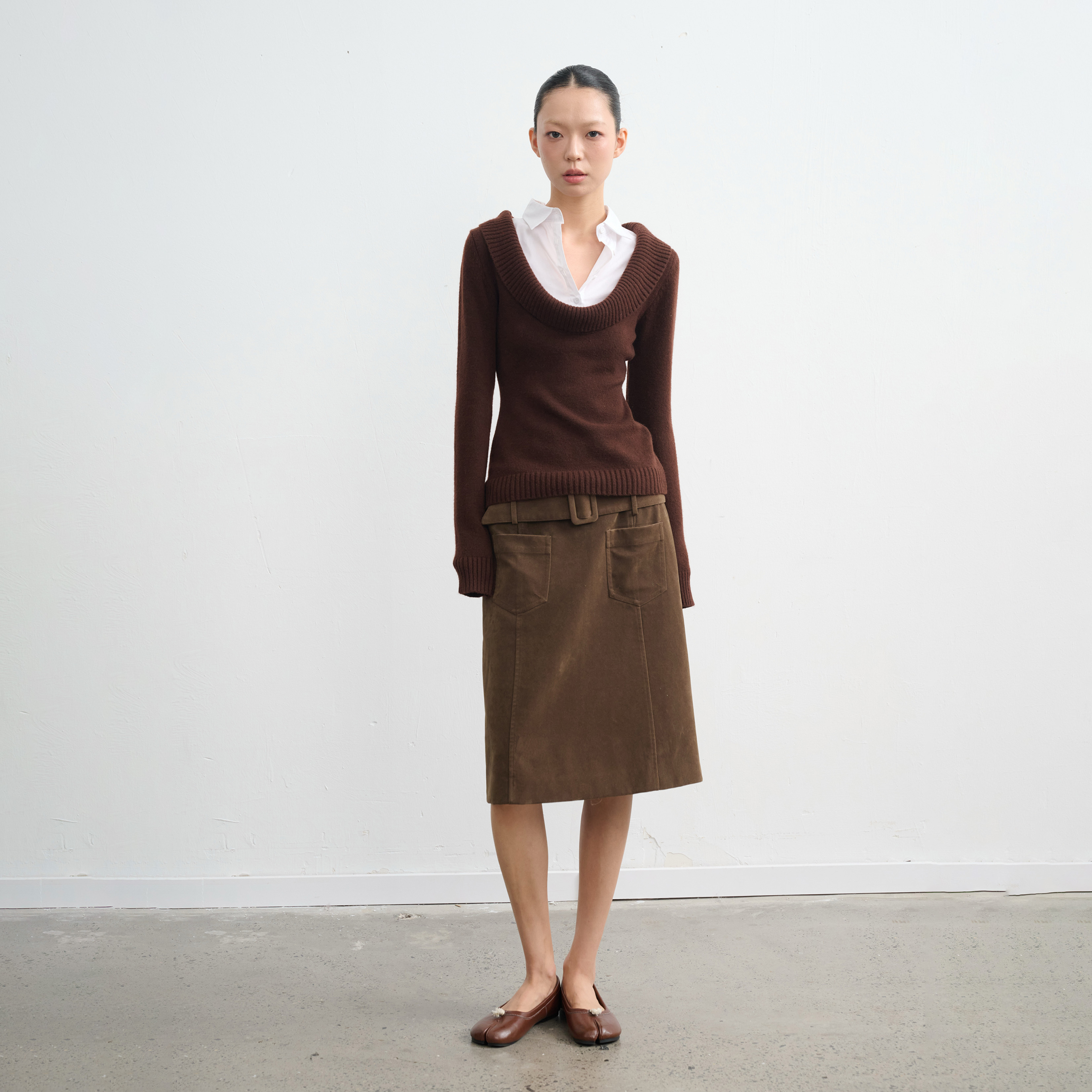 设计感深U领假两件针织衫女上衣