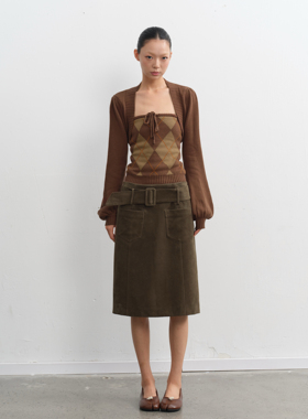 LINY LIBERTY100%棉复古风菱形格纹抹胸上衣女针织开衫泡泡袖外套