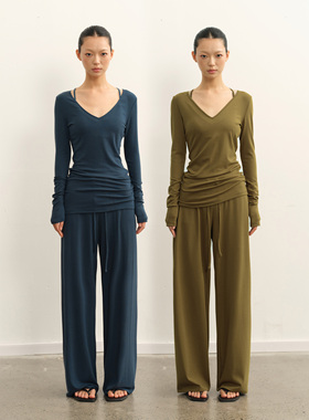 LINY LIBERTY 25AW 极简风修身V领纯色长袖T恤女休闲直筒长裤套装