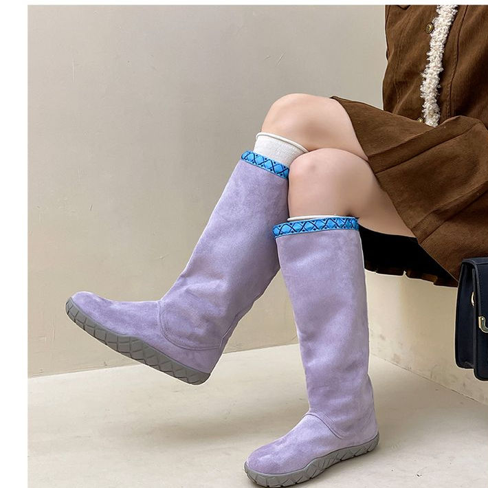 厚底不过膝长靴子女2025秋冬新款巨好看绒面撞色堆堆靴高筒骑士靴