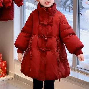 女童冬季红色棉服2026新款年服初中生加厚冬装保暖外套大儿童棉衣