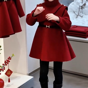 高端定制女童装外套肩外搭秋冬斗篷中大童披肩中长款收腰呢大衣潮