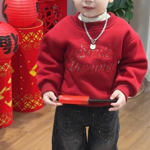 2025马年衣服儿童女孩冬装加绒卫衣套装男童秋冬加厚红色拜年服