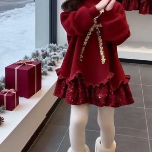 儿童亮片裙子女童加绒连衣裙女孩新款红色卫衣裙女宝洋气过年衣服