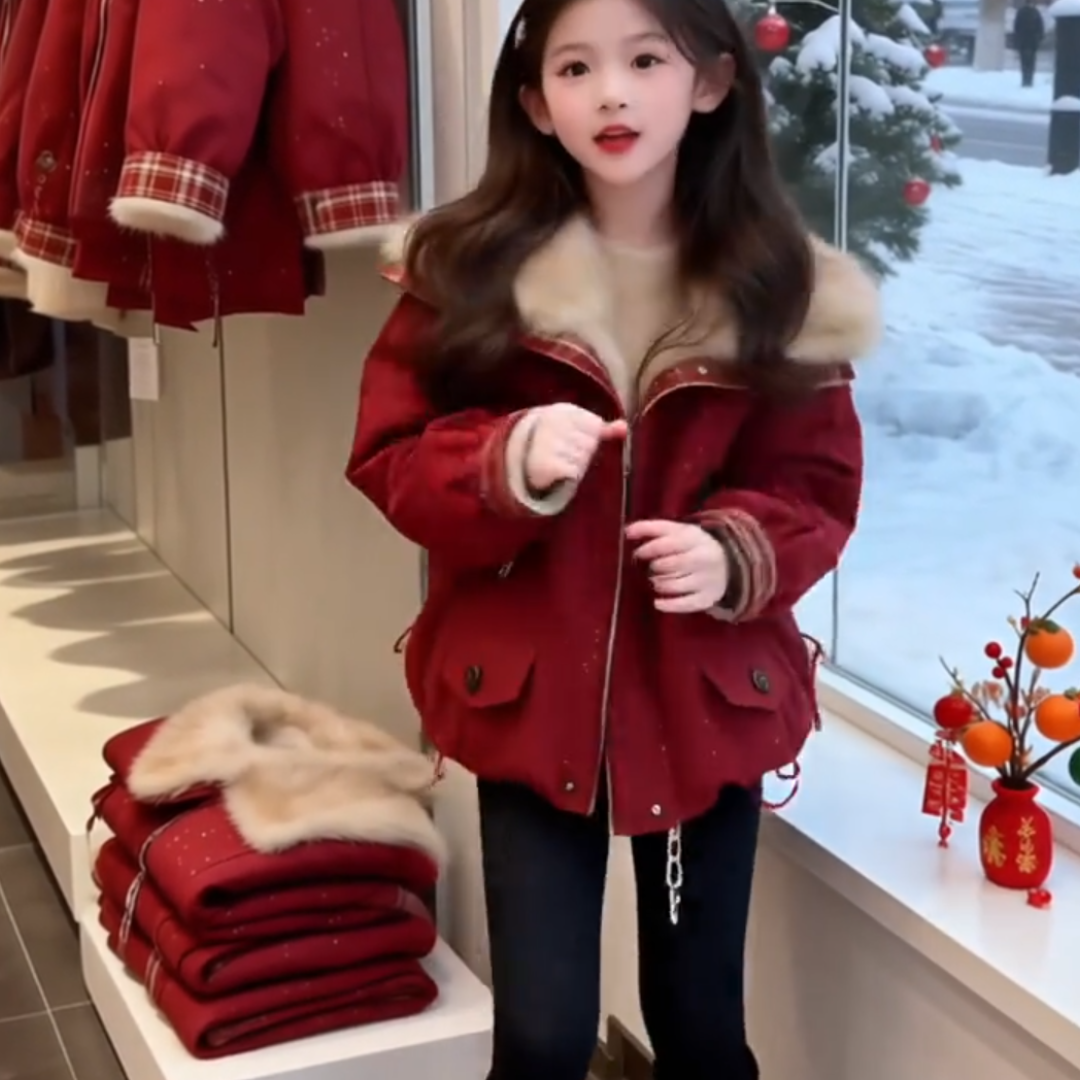 女童红色外套2025新款女孩初中生加绒棉服冬季大童加厚儿童服