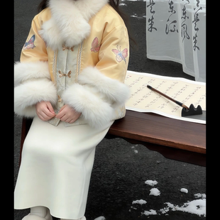 冬季女中大童新中式加厚棉服拜年服套装国风毛领甜美汉服半身裙