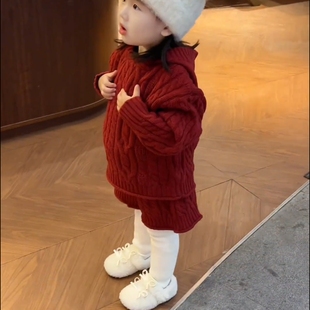 加厚连帽套头毛衣短裤潮韩版女童2025秋冬新款红色针织套装女宝宝
