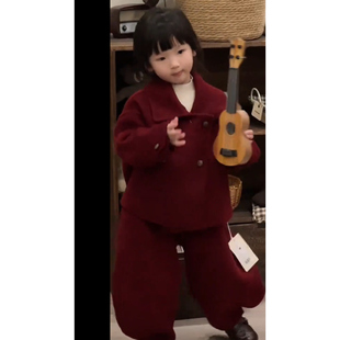 童装新年拜年服女童毛呢套装秋冬季新款儿童复古红色翻领外套裤子