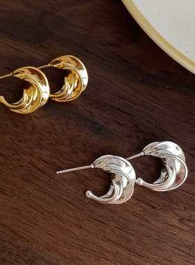 PANACHE 金银双色简约C型圈圈耳环扭扭麻花金属高级设计百搭耳圈
