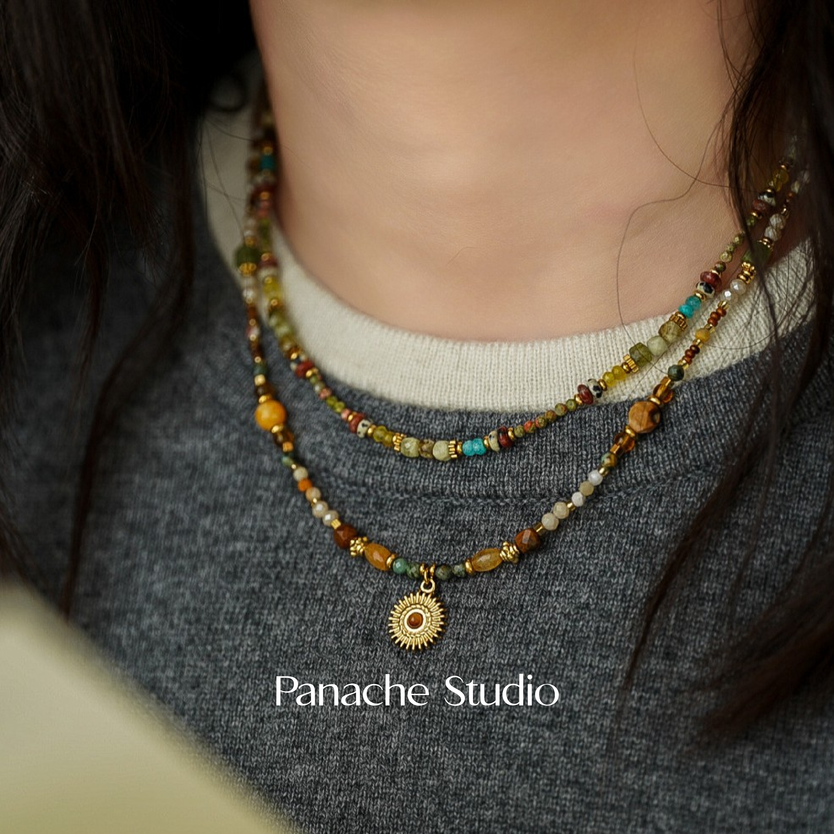 PANACHE 复古天然石太阳吊坠项链 美拉德新中式百搭小众叠戴项链