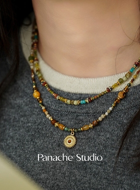 PANACHE 复古天然石太阳吊坠项链 美拉德新中式百搭小众叠戴项链