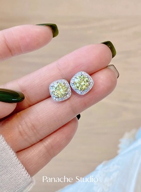 PANACHE 精致爆闪黄色小方糖耳钉 银针满钻锆石超闪简约百搭耳饰