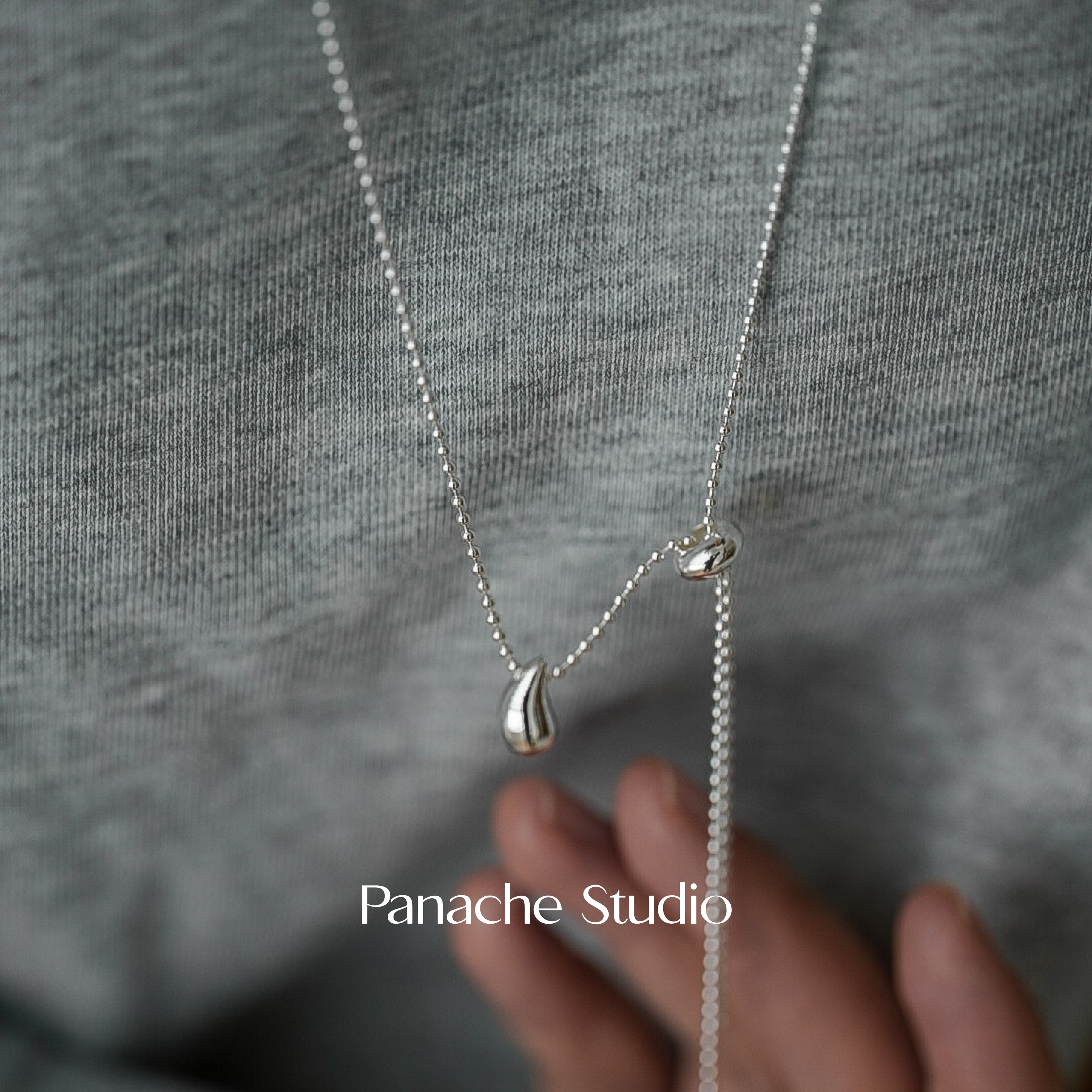 PANACHE 银色水滴抽拉绳长款项链 简约几何抽拉小众可调节毛衣链