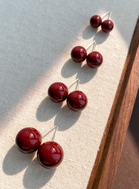 PANACHE 酒红相思豆圆球耳钉气质高级感本命年复古红色豆豆耳饰女