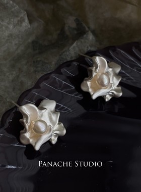 PANACHE液态银哑光花朵珍珠耳钉银针气质精致高级感不规则耳饰