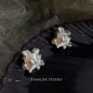 PANACHE液态银哑光花朵珍珠耳钉银针气质精致高级感不规则耳饰