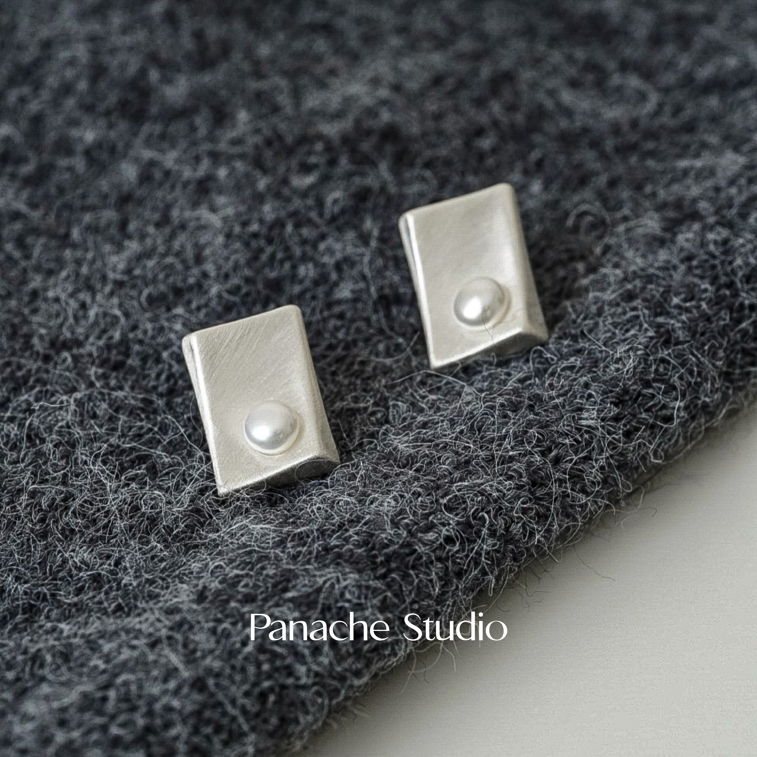 PANACHE 哑光几何银色拉丝珍珠耳钉 小众设计高级感简约通勤耳环