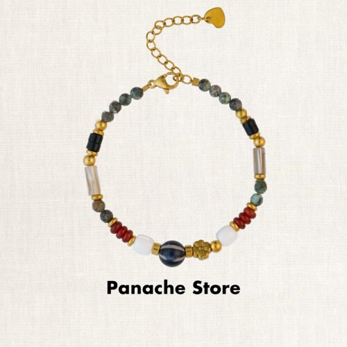 PANACHE 彩色天然石金色小花串珠手链 小众设计感气质叠戴手串女