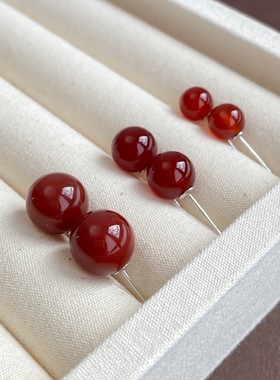 PANACHE红玛瑙925纯银耳钉高级感复古红色圆球新年红气质精致耳环