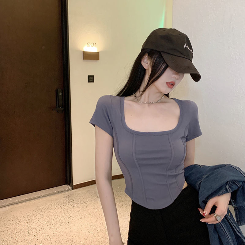 纯棉方领短袖t恤女春季新款纯欲风不规则设计感小众短款鱼骨上衣