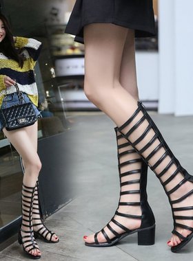 Women Sandals Hollow-Out Knee High Boots Leather Strap Squar