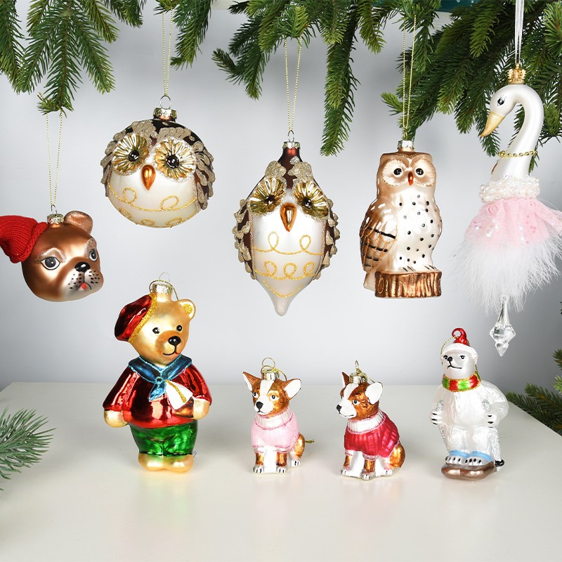 耶诞装饰品创意玻璃彩绘熊小狗猫头鹰动物小吊饰挂件氛围场景布置