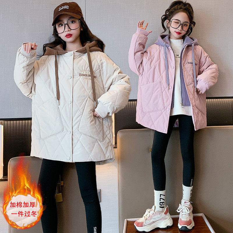 极速女童加绒外套2023新款秋冬装假两件洋派棉服加厚冬款十岁派克
