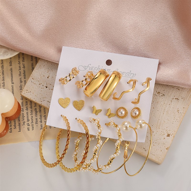 跨境新款夸张仿珍珠耳环9件套欧美ins复古合金几何耳圈套装耳饰