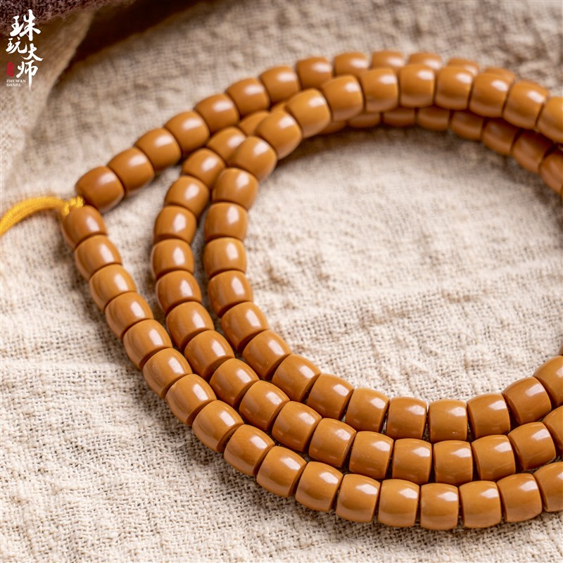 【珠玩大师】清水橄榄核直切核尖老型手串108颗桶珠佛珠文玩长串